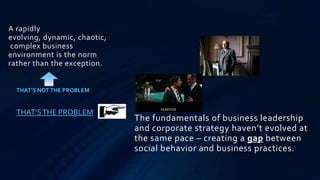 A rapidly evolving,
dynamic, chaotic, complex
business environment is
the norm rather than the
exception.


  THAT’S NOT THE PROBLEM


  THAT’S THE PROBLEM
                            The fundamentals of business leadership
                            and corporate strategy haven’t evolved at
                            the same pace – creating a gap between
                            social behavior and business practices.
 