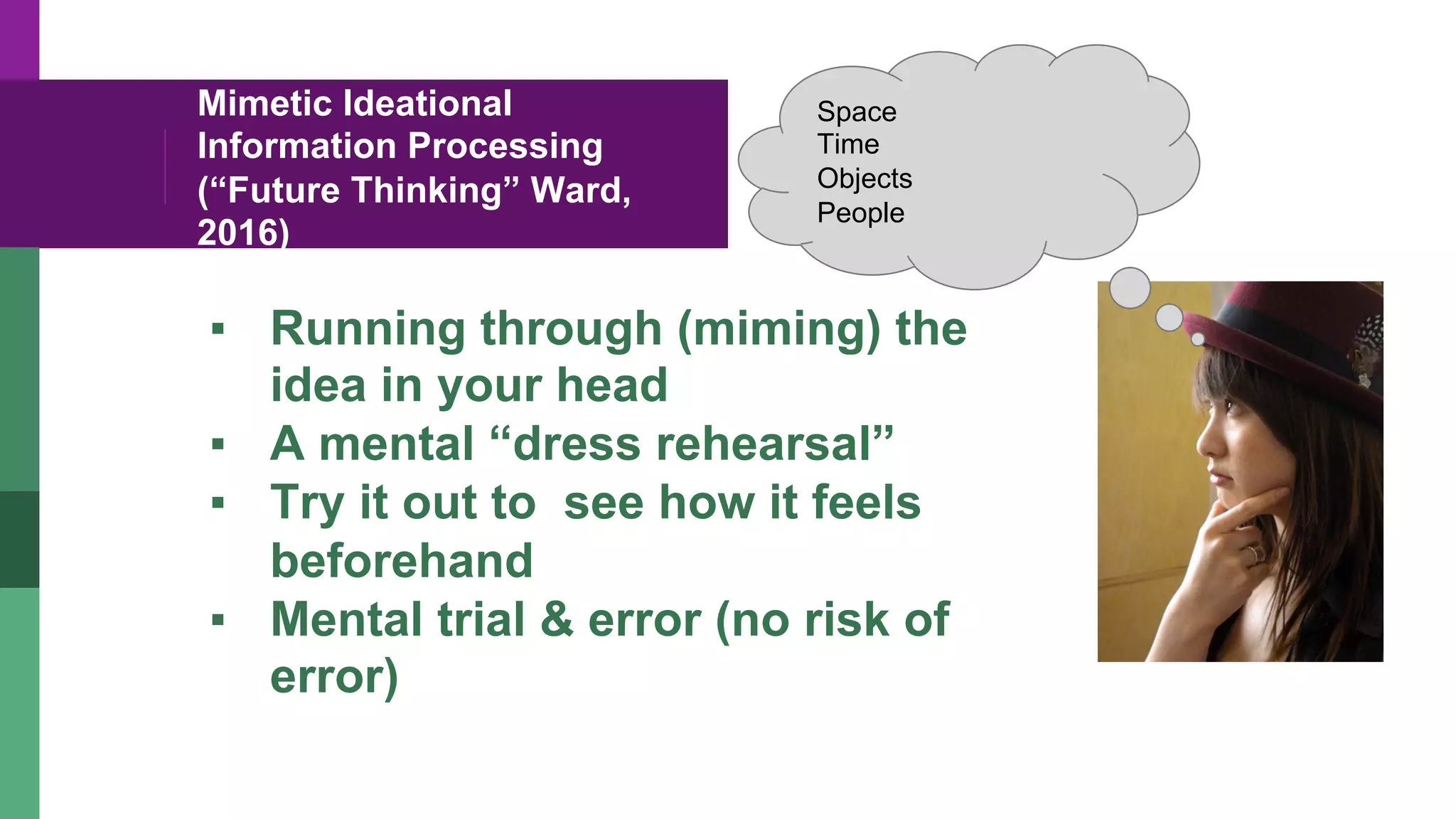 Mimetic Ideational
Information Processing
(“Future Thinking” Ward,
2016)
▪  Running through (miming) the
idea in your head
▪  A mental “dress rehearsal”
▪  Try it out to see how it feels
beforehand
▪  Mental trial & error (no risk of
error)
Space
Time
Objects
People
 
