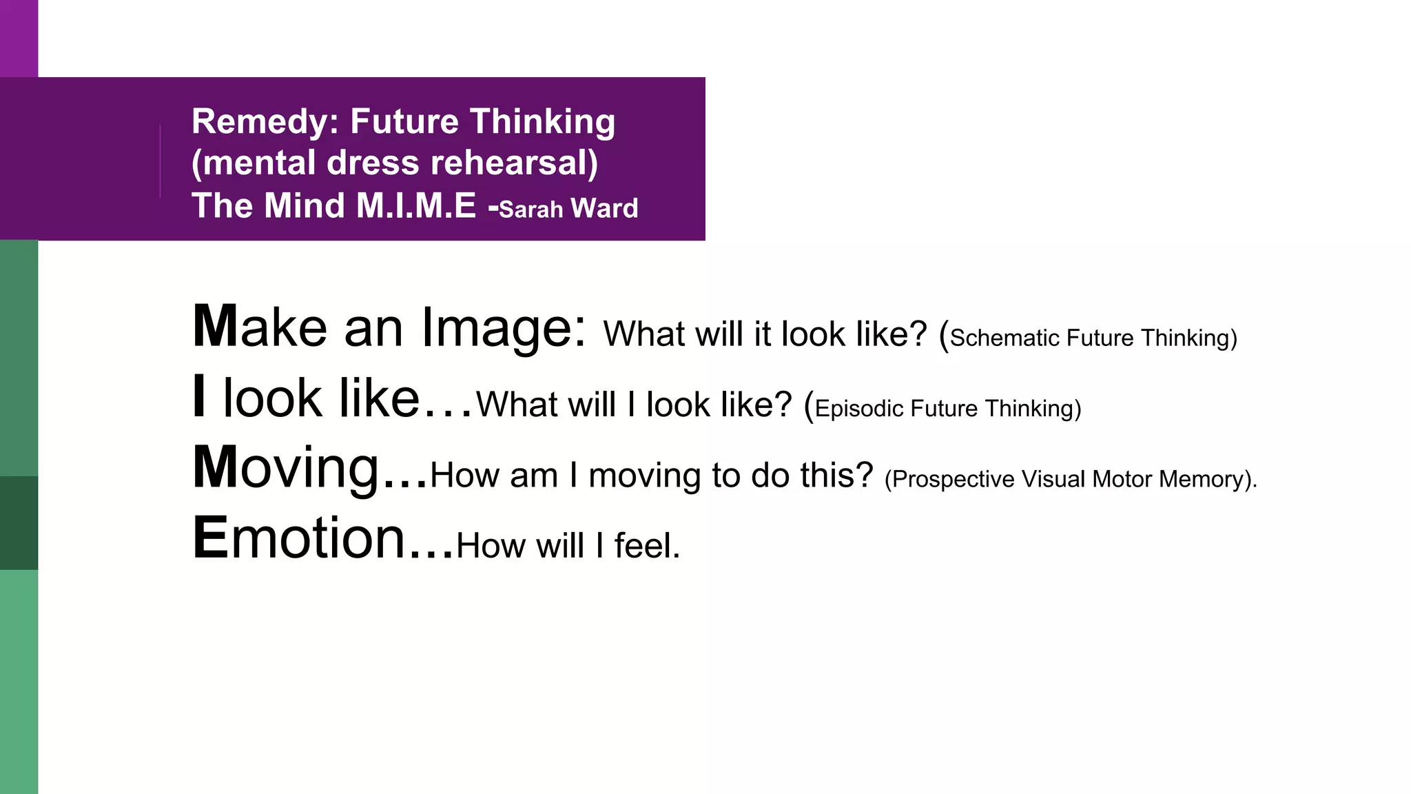 Remedy: Future Thinking
(mental dress rehearsal)
The Mind M.I.M.E -Sarah Ward
Make an Image: What will it look like? (Schematic Future Thinking)
I look like…What will I look like? (Episodic Future Thinking)
Moving...How am I moving to do this? (Prospective Visual Motor Memory).
Emotion...How will I feel.
 