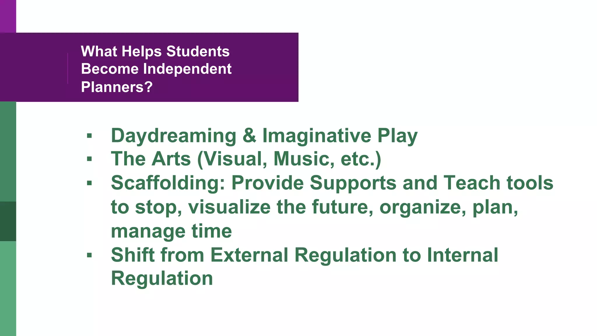 What Helps Students
Become Independent
Planners?
▪  Daydreaming & Imaginative Play
▪  The Arts (Visual, Music, etc.)
▪  Scaffolding: Provide Supports and Teach tools
to stop, visualize the future, organize, plan,
manage time
▪  Shift from External Regulation to Internal
Regulation
 