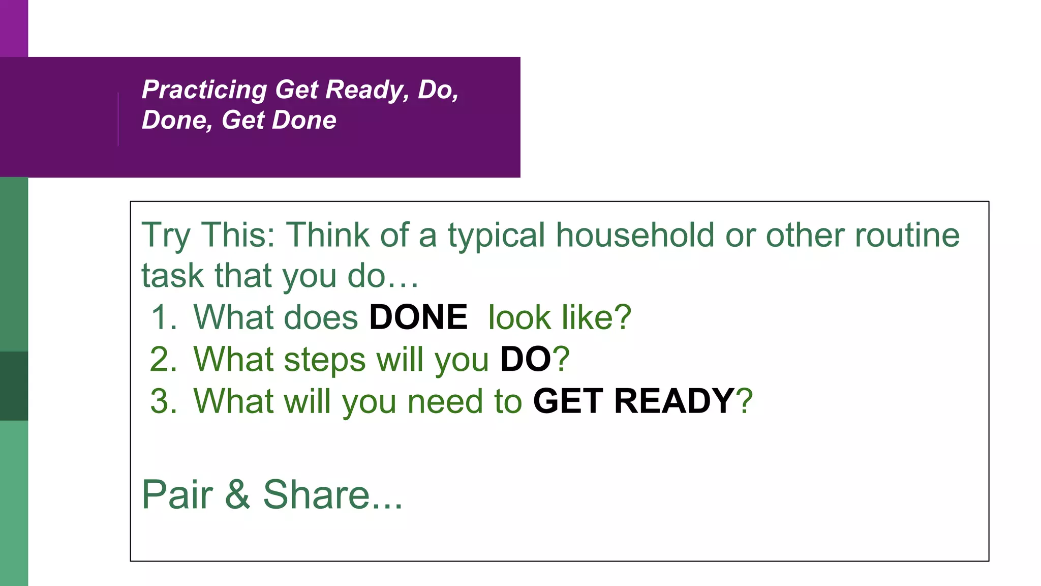 Practicing Get Ready, Do,
Done, Get Done
Try This: Think of a typical household or other routine
task that you do…
1.  What does DONE look like?
2.  What steps will you DO?
3.  What will you need to GET READY?
Pair & Share...
 