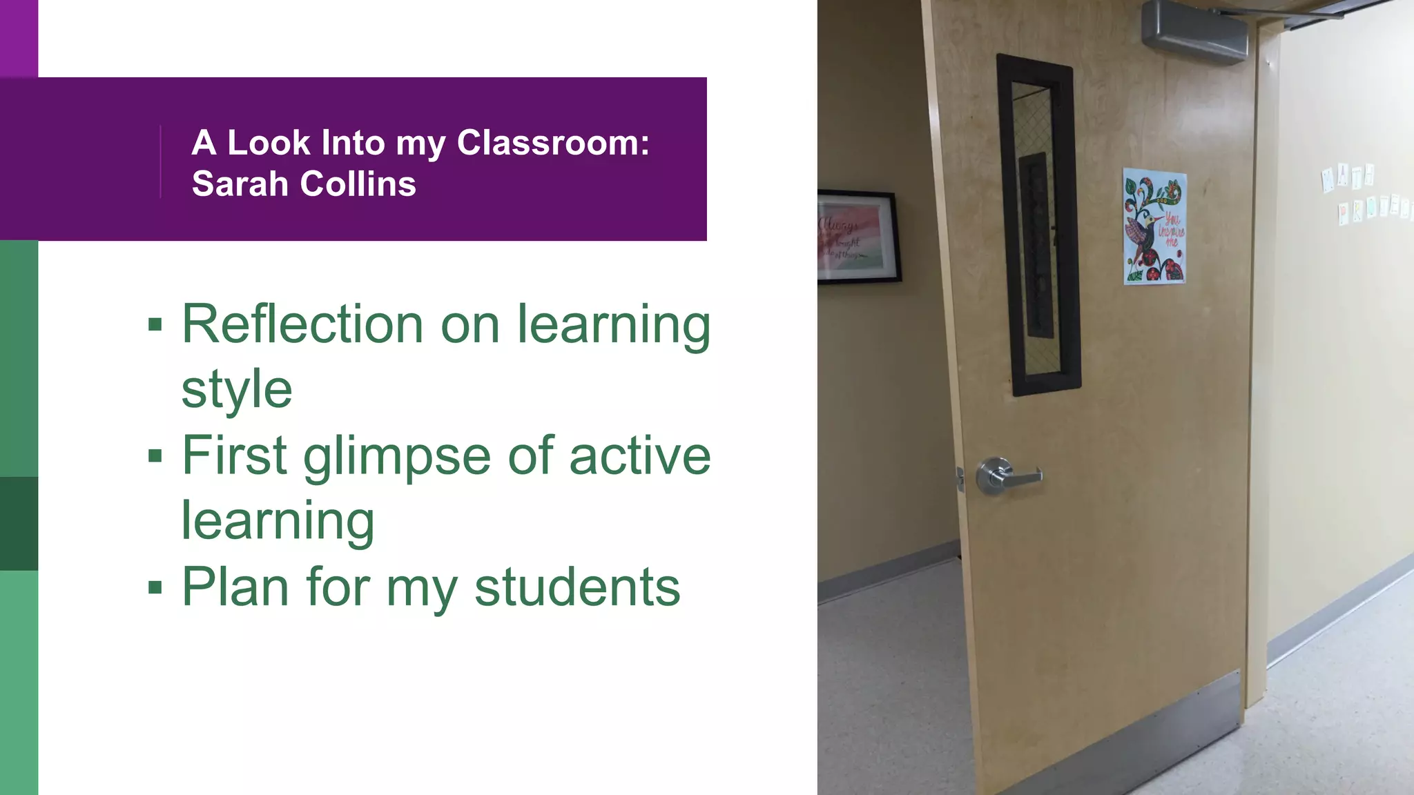 A Look Into my Classroom:
Sarah Collins
▪ Reflection on learning
style
▪ First glimpse of active
learning
▪ Plan for my students
 