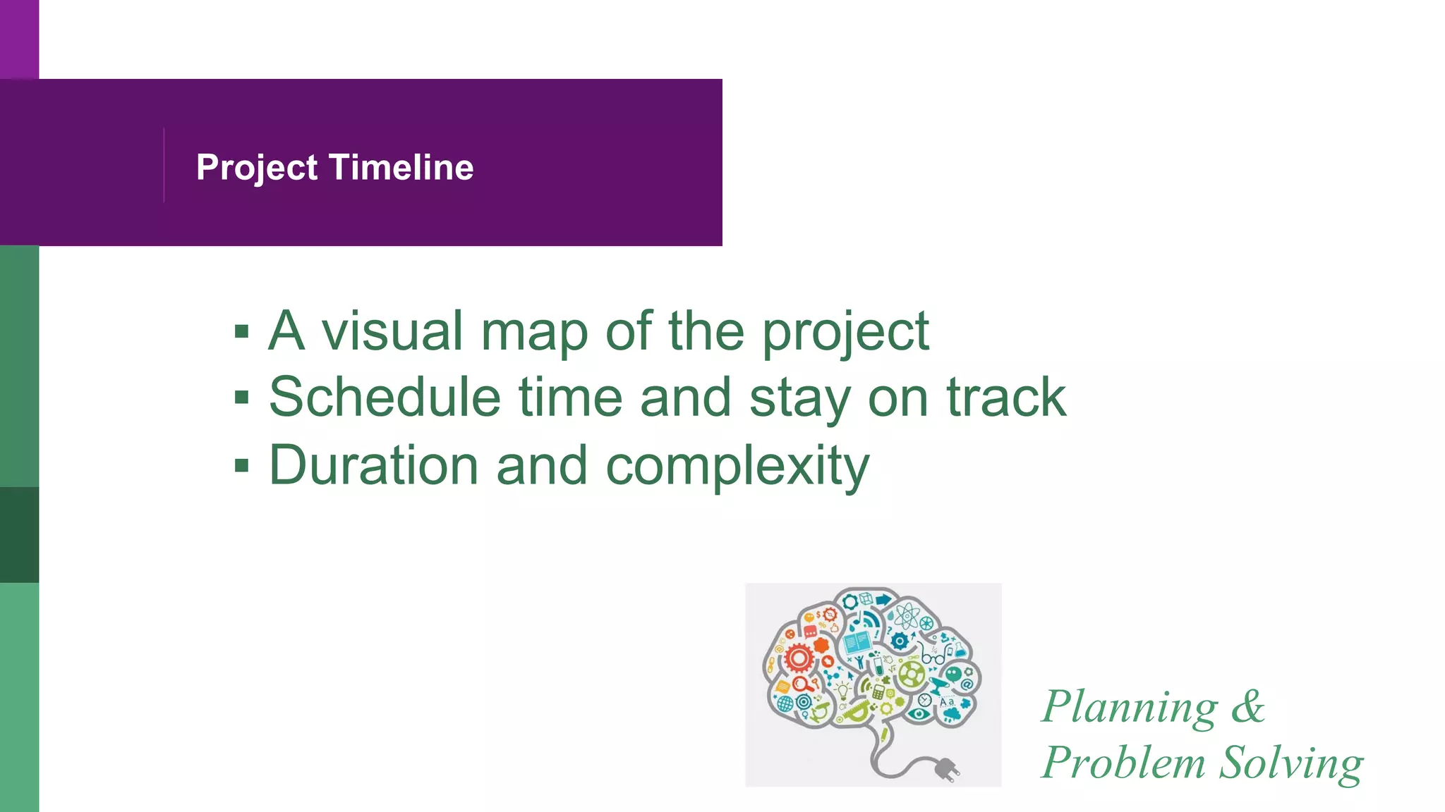 Project Timeline
▪ A visual map of the project
▪ Schedule time and stay on track
▪ Duration and complexity
Planning &
Problem Solving
 