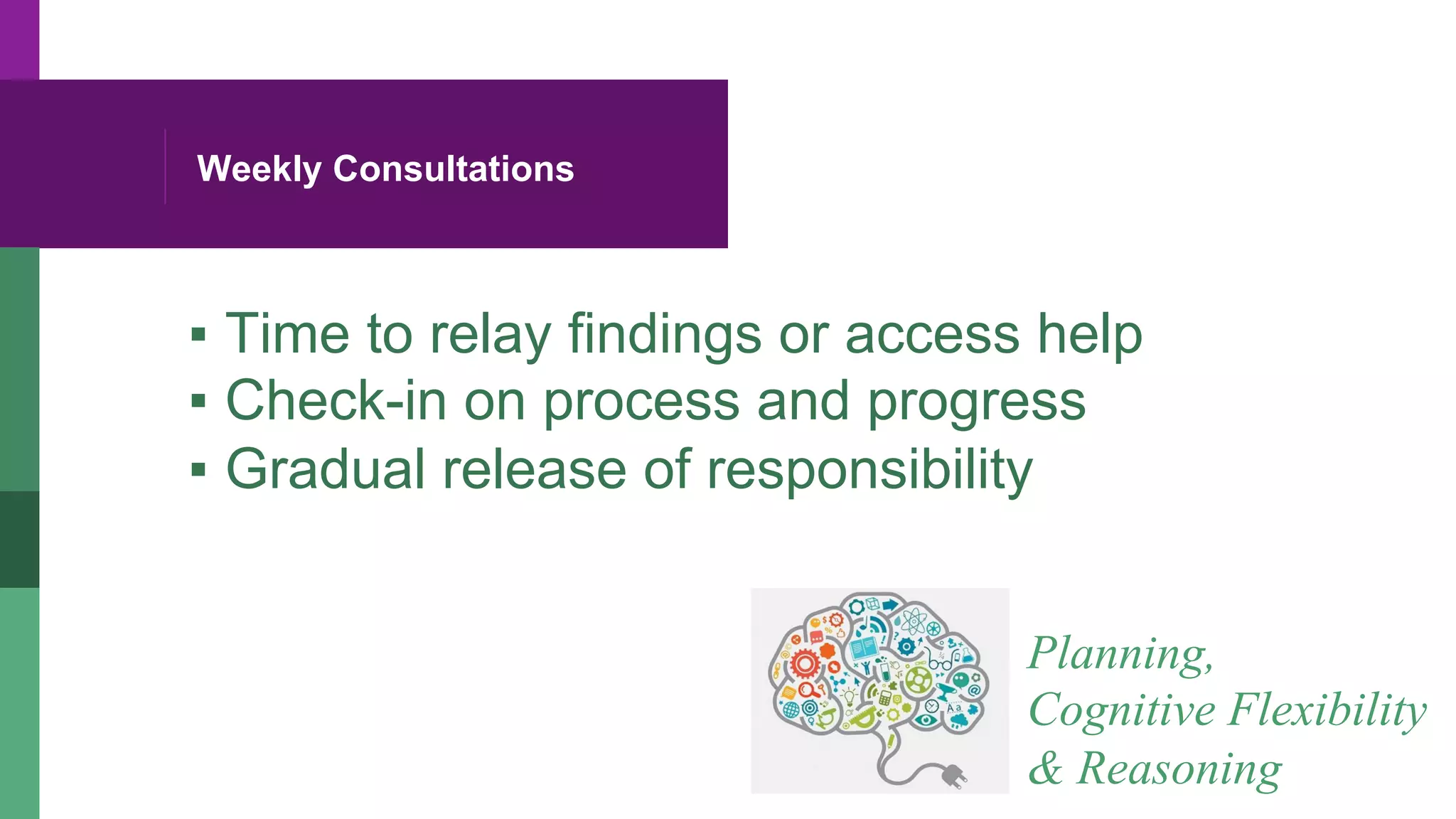 Weekly Consultations
▪ Time to relay findings or access help
▪ Check-in on process and progress
▪ Gradual release of responsibility
Planning,
Cognitive Flexibility
& Reasoning
 
