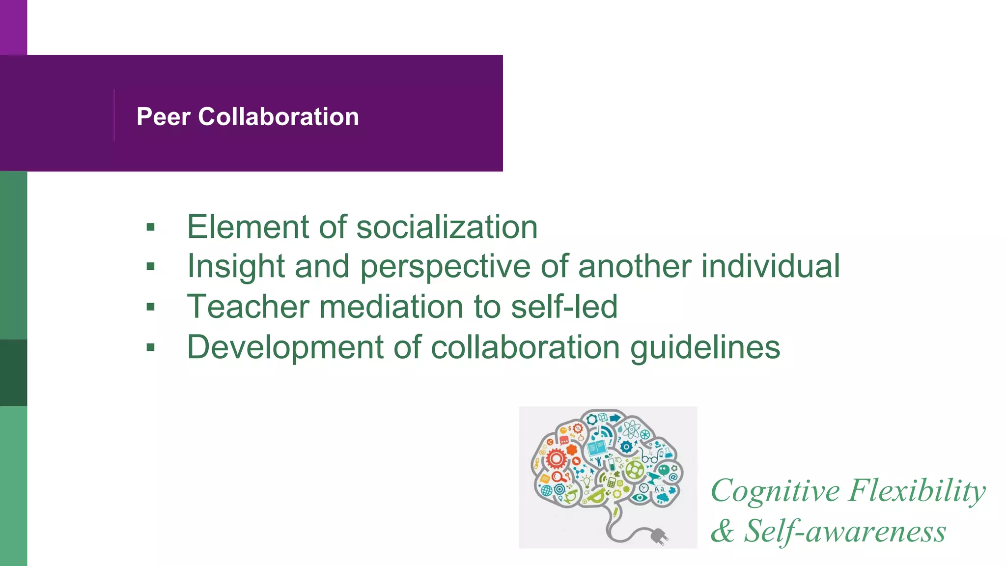 Peer Collaboration
▪  Element of socialization
▪  Insight and perspective of another individual
▪  Teacher mediation to self-led
▪  Development of collaboration guidelines
Cognitive Flexibility
& Self-awareness
 