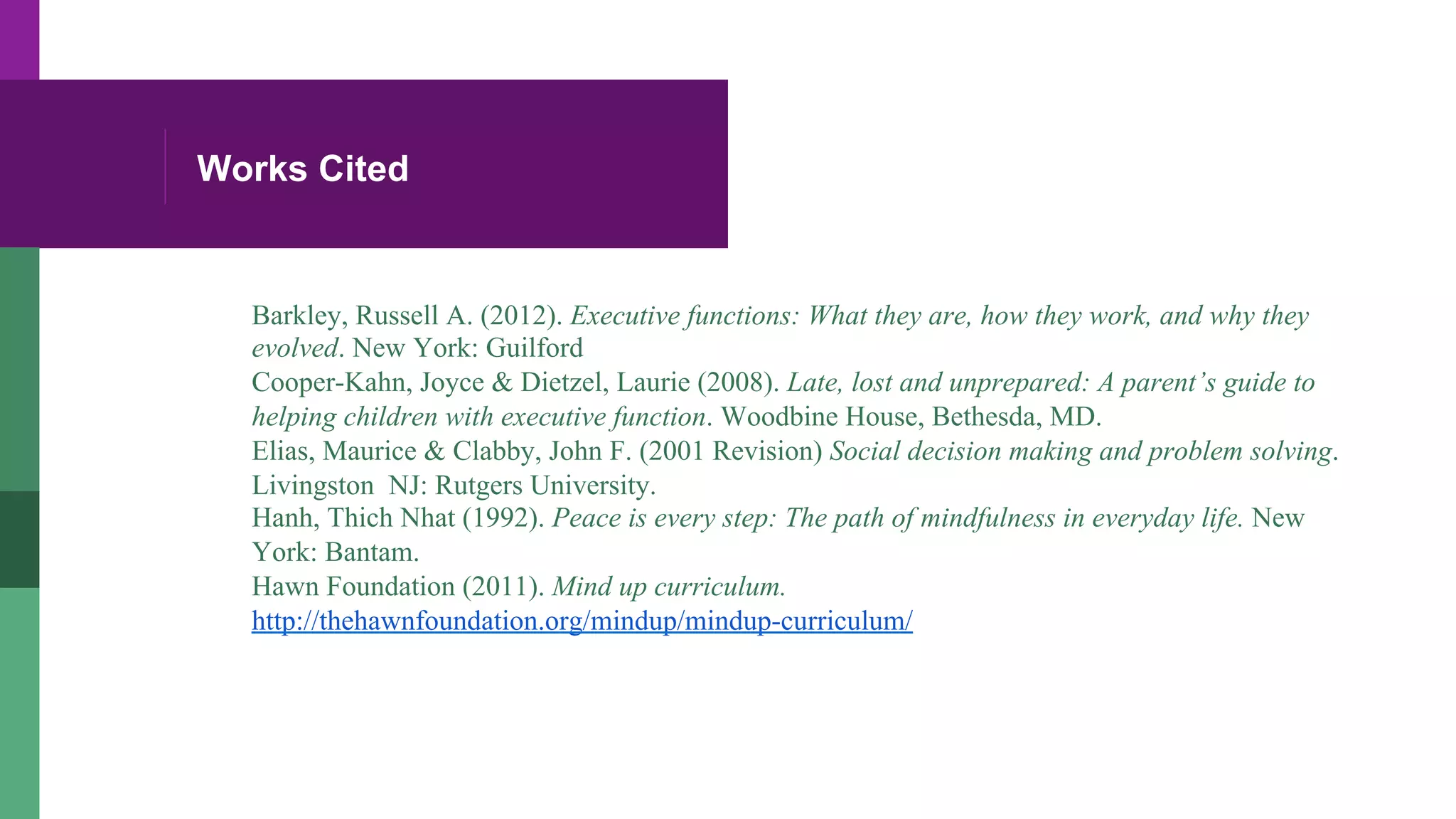 Works Cited
Barkley, Russell A. (2012). Executive functions: What they are, how they work, and why they
evolved. New York: Guilford
Cooper-Kahn, Joyce & Dietzel, Laurie (2008). Late, lost and unprepared: A parent’s guide to
helping children with executive function. Woodbine House, Bethesda, MD.
Elias, Maurice & Clabby, John F. (2001 Revision) Social decision making and problem solving.
Livingston NJ: Rutgers University.
Hanh, Thich Nhat (1992). Peace is every step: The path of mindfulness in everyday life. New
York: Bantam.
Hawn Foundation (2011). Mind up curriculum.
http://thehawnfoundation.org/mindup/mindup-curriculum/
 