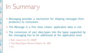 OpenSpliceDDSOpenSpliceDDOpenSpliceDDSOpenSpliceDDSOpenSpliceDDS
In Summary
‣ Messaging provides a mechanism for shipping messages from
producers to consumers
‣ The Message is a first class citizen, application data is not.
‣ The conversion of user data-types into the types supported by
the messaging has to be addressed at the application level
‣ Byte sequences for AMQP
‣ Text/Map/Bytes/Stream/Object for JMS
‣ etc..
 