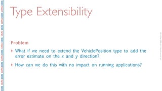 ©2010PrismTech.AllRightsReserved.
DDSOMGDDSOMGDDSOMGDDSOMGDDSOMGDDSOMGDDSOMGDDS
Type Extensibility
Problem
‣ What if we need to extend the VehiclePosition type to add the
error estimate on the x and y direction?
‣ How can we do this with no impact on running applications?
 