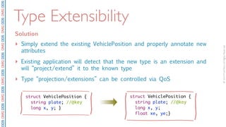 ©2010PrismTech.AllRightsReserved.
DDSOMGDDSOMGDDSOMGDDSOMGDDSOMGDDSOMGDDSOMGDDS
Type Extensibility
Solution
‣ Simply extend the existing VehiclePosition and properly annotate new
attributes
‣ Existing application will detect that the new type is an extension and
will “project/extend” it to the known type
‣ Type “projection/extensions” can be controlled via QoS
struct VehiclePosition {
string plate; //@key
long x, y; }
struct VehiclePosition {
string plate; //@key
long x, y;
float xe, ye;}
 