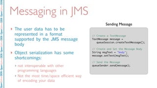 OpenSpliceDDSOpenSpliceDDOpenSpliceDDSOpenSpliceDDSOpenSpliceDDS
Messaging in JMS
‣ The user data has to be
represented in a format
supported by the JMS message
body
‣ Object serialization has some
shortcomings:
‣ not interoperable with other
programming languages
‣ Not the most time/space efficient way
of encoding your data
// Create a TextMessage		
TextMessage message =
queueSession.createTextMessage();
// Create and Set the Message Body
String msgText = "body";
message.setText(msgText);
// Send the Message
queueSender.send(message);
Sending Message
 