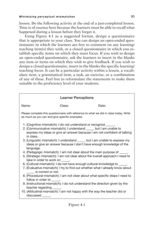 lesson. Do the following activity at the end of a just-completed lesson.
Time is of essence here because the learners must be able to recall what
happened during a lesson before they forget it.
Using Figure 4.1 as a suggested format, design a questionnaire
that is appropriate to your class. You can design an open-ended ques-
tionnaire in which the learners are free to comment on any learning/
teaching item(s) they wish, or a closed questionnaire in which you es-
tablish specific items on which they must focus. If you wish to design
an open-ended questionnaire, ask the learners to insert in the blanks
any item or items on which they wish to give feedback. If you wish to
design a closed questionnaire, insert in the blanks the specific learning/
teaching focus. It can be a particular activity within a lesson, a vocab-
ulary item, a grammatical item, a task, an exercise, or a combination
of any of these. Feel free to reformulate the statements to make them
suitable to the proficiency level of your students.
Minimizing perceptual mismatches 93
Learner Perceptions
Name: Class: Date:
Please complete this questionnaire with reference to what we did in class today. Write
as much as you can and give specific examples.
1. (Cognitive mismatch): I do not understand or recognize _____.
2. (Communicative mismatch): I understand _____ but I am unable to
express my ideas or give an answer because I am not confident of talking
in class.
3. (Linguistic mismatch): I understand _____ but I am unable to express my
ideas or give an answer because I don’t have enough knowledge of the
language.
4. (Pedagogic mismatch): I am not clear about the main purpose of _____.
5. (Strategic mismatch): I am not clear about the overall approach I need to
take in order to work on _____.
6. (Cultural mismatch): I do not have enough cultural knowledge to _____.
7. (Evaluative mismatch): I try to find out whether what I already know about
_____ is correct or not.
8. (Procedural mismatch): I am not clear about what specific steps I need to
follow in order to _____.
9. (Instructional mismatch): I do not understand the direction given by the
teacher regarding _____.
10. (Attitudinal mismatch): I am not happy with the way the teacher did or
discussed _____.
Figure 4.1
 