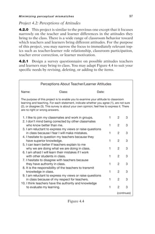 Project 4.2: Perceptions of Attitudes
4.2.0 This project is similar to the previous one except that it focuses
narrowly on the teacher and learner differences in the attitudes they
bring to the class. There is a wide range of classroom behavior toward
which teachers and learners bring different attitudes. For the purpose
of this project, you may narrow the focus to immediately relevant top-
ics such as teacher-learner role relationship, classroom participation,
teacher error correction, or learner motivation.
4.2.1 Design a survey questionnaire on possible attitudes teachers
and learners may bring to class. You may adapt Figure 4.4 to suit your
specific needs by revising, deleting, or adding to the items.
Minimizing perceptual mismatches 97
Perceptions About Teacher/Learner Attitudes
Name: Class: Date:
The purpose of this project is to enable you to examine your attitude to classroom
learning and teaching. For each statement, indicate whether you agree (1), are not sure
(2), or disagree (3). This survey is about your own opinion; feel free to express it. There
are no right or wrong answers.
1. I like to join my classmates and work in groups. 1 2 3
2. I don’t mind being corrected by other classmates
who know better than me. 1 2 3
3. I am reluctant to express my views or raise questions
in class because I fear I will make mistakes. 1 2 3
4. I hesitate to question my teachers because they
have superior knowledge. 1 2 3
5. I can learn better if teachers explain to me
why we are doing what we are doing in class. 1 2 3
6. I am afraid I will learn their mistakes if I work
with other students in class. 1 2 3
7. I hesitate to disagree with teachers because
they have authority in class. 1 2 3
8. It is the responsibility of the teachers to transmit
knowledge in class. 1 2 3
9. I am reluctant to express my views or raise questions
in class because of my respect for teachers. 1 2 3
10. I think teachers have the authority and knowledge
to evaluate my learning. 1 2 3
(continues)
Figure 4.4
 