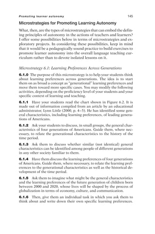 Microstrategies for Promoting Learning Autonomy
What, then, are the types of microstrategies that can embed the defin-
ing principles of autonomy in the actions of teachers and learners?
I offer some possibilities below in terms of microstrategies and ex-
ploratory projects. In considering these possibilities, keep in mind
that it would be a pedagogically sound practice to build exercises to
promote learner autonomy into the overall language teaching cur-
riculum rather than to devote isolated lessons on it.
Microstrategy 6.1: Learning Preferences Across Generations
6.1.0 The purpose of this microstrategy is to help your students think
about learning preferences across generations. The idea is to start
them on as broad a concept as “generational” learning preferences and
move them toward more specific cases. You may modify the following
activities, depending on the proficiency level of your students and your
specific context of learning and teaching.
6.1.1 Have your students read the chart shown in Figure 6.2. It is
made out of information compiled from an article by an educational
administrator, Lynn Little (2000, p. 4–5). He has identified some gen-
eral characteristics, including learning preferences, of leading genera-
tions of Americans.
6.1.2 Ask your students to discuss, in small groups, the general char-
acteristics of four generations of Americans. Guide them, where nec-
essary, to relate the generational characteristics to the history of the
time period.
6.1.3 Ask them to discuss whether similar (not identical) general
characteristics can be identified among people of different generations
in any other society familiar to them.
6.1.4 Have them discuss the learning preferences of four generations
of Americans. Guide them, where necessary, to relate the learning pref-
erences to the generational characteristics as well as the historical de-
velopment of the time period.
6.1.5 Ask them to imagine what might be the general characteristics
and the learning preferences of the future generation of children born
between 2000 and 2020, whose lives will be shaped by the process of
globalization in terms of economy, culture, and communication.
6.1.6 Then, give them an individual task in which you ask them to
think about and write down their own specific learning preferences.
Promoting learner autonomy 145
 