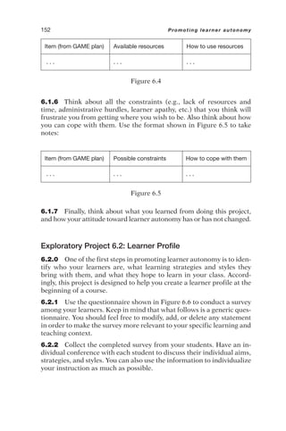 6.1.6 Think about all the constraints (e.g., lack of resources and
time, administrative hurdles, learner apathy, etc.) that you think will
frustrate you from getting where you wish to be. Also think about how
you can cope with them. Use the format shown in Figure 6.5 to take
notes:
152 Promoting learner autonomy
Item (from GAME plan) Available resources How to use resources
. . . . . . . . .
Figure 6.4
Item (from GAME plan) Possible constraints How to cope with them
. . . . . . . . .
Figure 6.5
6.1.7 Finally, think about what you learned from doing this project,
and how your attitude toward learner autonomy has or has not changed.
Exploratory Project 6.2: Learner Profile
6.2.0 One of the first steps in promoting learner autonomy is to iden-
tify who your learners are, what learning strategies and styles they
bring with them, and what they hope to learn in your class. Accord-
ingly, this project is designed to help you create a learner profile at the
beginning of a course.
6.2.1 Use the questionnaire shown in Figure 6.6 to conduct a survey
among your learners. Keep in mind that what follows is a generic ques-
tionnaire. You should feel free to modify, add, or delete any statement
in order to make the survey more relevant to your specific learning and
teaching context.
6.2.2 Collect the completed survey from your students. Have an in-
dividual conference with each student to discuss their individual aims,
strategies, and styles. You can also use the information to individualize
your instruction as much as possible.
 
