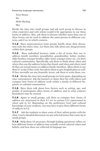 Your Honor
Sir
Hello Darling
Hey
Divide the class into small groups and ask each group to discuss in
what context(s) and with whom would it be appropriate to use these
forms of address. Also, ask them to discuss whether more than one of
these forms can be used to address the same person in different con-
texts, and if so, in which contexts.
7.1.2 Have representatives from groups briefly share their discus-
sion with the entire class. Let them also talk about any disagreements
within their groups.
7.1.3 Have individual learners make a list of terms they use to
address family members (grandfather, grandmother, father, mother,
elder brother, younger brother, elder sister, younger sister, etc.,) in their
cultural communities. Specifically, ask them to think about when and
where they use the address forms they listed, and when and where (and
if) they use actual names to address family members. Allow them to use
their L1 script if they wish, but advise them to give English gloss as well.
If they normally use any honorific terms, ask them to write these, too.
7.1.4 Divide the class into small groups (or form pairs, depending on
your convenience). Ask the learners to share their list with others and
compare how forms of address work within a family in different lin-
guistic or cultural communities.
7.1.5 Have them talk about how factors such as setting, age, and
gender of participants affect forms of address, and in what contexts
boundaries may be crossed.
7.1.6 Again in small groups, ask them to compare how forms of
address are structured in their L1 (or in various L1’s represented in
class) and in L2. Depending on the proficiency level and cultural
knowledge of your students, you may have to give them different forms
of address in L2.
7.1.7 Ask the students to share some of their salient points with the
class. Lead a detailed discussion on any selected issues that came up in
small groups.
7.1.8 Help them (if necessary, through leading questions) reflect on
how different forms of address may actually reveal cultural values and
beliefs, and how these are reflected in language use.
Fostering language awareness 169
 