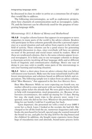 be discussed in class in order to arrive at a consensus list of topics
they would like to address.
The following microstrategies, as well as exploratory projects,
show how channels of communication such as newspapers, radio,
TV, and the Internet can be effectively used for the purpose of inte-
grating language skills.
Microstrategy 10.1: A Matter of Money and Motherhood
10.1.0 A regular column feature that appears in newspapers or news
magazines in many parts of the world is the advice column. Readers
who participate in these columns generally describe a personal experi-
ence or a social situation and seek advice from experts in the relevant
field of activity. These columns can be a good source for generating
meaningful discussion in class, since everybody will have an opinion
on most of the personal and social issues raised by readers. Most of
these are syndicated columns, that is, the same columns appear in sev-
eral newspapers. It is fairly easy to use newspaper columns to design
a classroom activity involving all four language skills and at different
levels of linguistic and communicative challenge. Here’s one way of
doing it; you may wish to modify some parts of the microstrategy to
suit your learning and teaching situation.
10.1.1 Select a short piece from an advice column that you believe
will interest your learners. Make sure the issue raised lends itself to dif-
ferent interpretations and solutions based on different beliefs and ex-
pectations. The following sample text is taken from an advice column,
titled “Miss Manners,” that appeared in the San Jose Mercury News.
Dear Miss Manners: While we were expecting our fourth son, my
mother offered to come and assist with our family during his birth,
using a plane ticket she already had. We were glad to have her here
to help with transportation, meal preparation, etc. Because of un-
foreseen circumstances, she ended up staying for 13 days. During
her stay, she made many trips to the grocery store: some I re-
quested, some she did on her own. Whenever she purchased some-
thing for our family, I told her I would pay her back.
Upon departure, she presented me with a total of over $400! I
wrote her a check. Later, I looked at the receipts she had left. She
charged us for all the food she ate, numerous magazines and cook-
books she purchased for herself, special soap she wanted instead of
the brand we use, and gifts for the dog ($10 for the dog bones) and
the children! In addition, she bought many expensive items (large
bags of macadamia nuts and almonds, brand-name grocery items
Integrating language skills 231
 