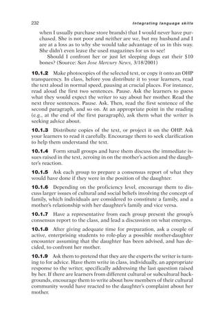 when I usually purchase store brands) that I would never have pur-
chased. She is not poor and neither are we, but my husband and I
are at a loss as to why she would take advantage of us in this way.
She didn’t even leave the used magazines for us to see!
Should I confront her or just let sleeping dogs eat their $10
bones? (Source: San Jose Mercury News, 3/18/2001)
10.1.2 Make photocopies of the selected text, or copy it onto an OHP
transparency. In class, before you distribute it to your learners, read
the text aloud in normal speed, pausing at crucial places. For instance,
read aloud the first two sentences. Pause. Ask the learners to guess
what they would expect the writer to say about her mother. Read the
next three sentences. Pause. Ask. Then, read the first sentence of the
second paragraph, and so on. At an appropriate point in the reading
(e.g., at the end of the first paragraph), ask them what the writer is
seeking advice about.
10.1.3 Distribute copies of the text, or project it on the OHP. Ask
your learners to read it carefully. Encourage them to seek clarification
to help them understand the text.
10.1.4 Form small groups and have them discuss the immediate is-
sues raised in the text, zeroing in on the mother’s action and the daugh-
ter’s reaction.
10.1.5 Ask each group to prepare a consensus report of what they
would have done if they were in the position of the daughter.
10.1.6 Depending on the proficiency level, encourage them to dis-
cuss larger issues of cultural and social beliefs involving the concept of
family, which individuals are considered to constitute a family, and a
mother’s relationship with her daughter’s family and vice versa.
10.1.7 Have a representative from each group present the group’s
consensus report to the class, and lead a discussion on what emerges.
10.1.8 After giving adequate time for preparation, ask a couple of
active, enterprising students to role-play a possible mother-daughter
encounter assuming that the daughter has been advised, and has de-
cided, to confront her mother.
10.1.9 Ask them to pretend that they are the experts the writer is turn-
ing to for advice. Have them write in class, individually, an appropriate
response to the writer, specifically addressing the last question raised
by her. If there are learners from different cultural or subcultural back-
grounds, encourage them to write about how members of their cultural
community would have reacted to the daughter’s complaint about her
mother.
232 Integrating language skills
 