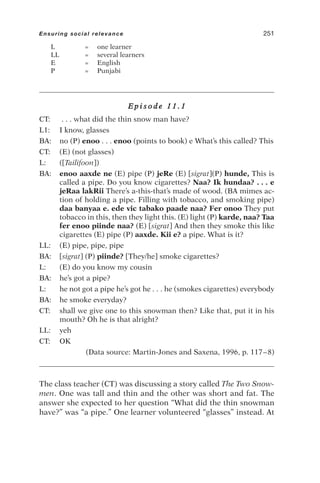 L = one learner
LL = several learners
E = English
P = Punjabi
E p i s o d e 1 1 . 1
CT: . . . what did the thin snow man have?
L1: I know, glasses
BA: no (P) enoo . . . enoo (points to book) e What’s this called? This
CT: (E) (not glasses)
L: ([Tailifoon])
BA: enoo aaxde ne (E) pipe (P) jeRe (E) [sigrat](P) hunde, This is
called a pipe. Do you know cigarettes? Naa? Ik hundaa? . . . e
jeRaa lakRii There’s a-this-that’s made of wood. (BA mimes ac-
tion of holding a pipe. Filling with tobacco, and smoking pipe)
daa banyaa e. ede vic tabako paade naa? Fer onoo They put
tobacco in this, then they light this. (E) light (P) karde, naa? Taa
fer enoo piinde naa? (E) [sigrat] And then they smoke this like
cigarettes (E) pipe (P) aaxde. Kii e? a pipe. What is it?
LL: (E) pipe, pipe, pipe
BA: [sigrat] (P) piinde? [They/he] smoke cigarettes?
L: (E) do you know my cousin
BA: he’s got a pipe?
L: he not got a pipe he’s got he . . . he (smokes cigarettes) everybody
BA: he smoke everyday?
CT: shall we give one to this snowman then? Like that, put it in his
mouth? Oh he is that alright?
LL: yeh
CT: OK
(Data source: Martin-Jones and Saxena, 1996, p. 117–8)
The class teacher (CT) was discussing a story called The Two Snow-
men. One was tall and thin and the other was short and fat. The
answer she expected to her question “What did the thin snowman
have?” was “a pipe.” One learner volunteered “glasses” instead. At
Ensuring social relevance 251
 