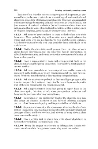 Because of the way this microstrategy originated, it appears, as pre-
sented here, to be more suitable for a multilingual and multicultural
classroom consisting of international students. However, you can adapt
this microstrategy by treating cultural variations, as we all should, not
just in terms of national variations (as in Japanese culture, American
culture, etc.) but in terms of subcultural variations within a nation, such
as religion, language, gender, age, or even personal interests.
12.3.1 Ask some of your students to share with the class who their
heroes are. Most probably, they will mention some people who are fa-
miliar and some who are not familiar to you and the other students.
Ask them to explain briefly why they consider these individuals to be
their heroes.
12.3.2 Divide the class into small groups. Have members of each
group discuss their views about the concept of hero in their cultural or
subcultural community, and come away with a consensus definition of
hero, with examples.
12.3.3 Have a representative from each group report back to the
class, summarizing the group discussion, followed by a brief question-
answer session.
12.3.4 Ask them to read about the concept of hero and hero-worship
presented in the textbook, or in any reading material you may have se-
lected for them. Help them with their reading comprehension.
12.3.5 Ask the students to go back to their small groups again, this
time to compare their cultural concept of hero and hero-worship with
that of the one presented in the reading material.
12.3.6 Ask a representative from each group to report back to the
class once again, this time to talk about perspectives on heroes and
hero-worship across cultures or subcultures.
12.3.7 Depending on the proficiency level of the students, you may
also direct the students’ attention to, and have an informed dialogue
on, the cult of hero-worshipping and its potential harmful effects.
12.3.8 Sum up and complete the discussion, drawing the class’s at-
tention to anything they may have missed about the cultural/subcultural
concepts of hero and hero-worship, and also try to bring about a class
consensus on the subject.
12.3.9 Give a writing task in which they write about which hero or
heroes they would like to emulate and why.
12.3.10 Bring the project to a closure by asking a few student vol-
unteers to share their thoughts on heroes they want to emulate.
280 Raising cultural consciousness
 