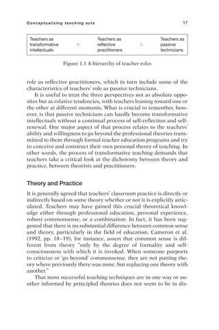 role as reflective practitioners, which in turn include some of the
characteristics of teachers’ role as passive technicians.
It is useful to treat the three perspectives not as absolute oppo-
sites but as relative tendencies, with teachers leaning toward one or
the other at different moments. What is crucial to remember, how-
ever, is that passive technicians can hardly become transformative
intellectuals without a continual process of self-reflection and self-
renewal. One major aspect of that process relates to the teachers’
ability and willingness to go beyond the professional theories trans-
mitted to them through formal teacher education programs and try
to conceive and construct their own personal theory of teaching. In
other words, the process of transformative teaching demands that
teachers take a critical look at the dichotomy between theory and
practice, between theorists and practitioners.
Theory and Practice
It is generally agreed that teachers’ classroom practice is directly or
indirectly based on some theory whether or not it is explicitly artic-
ulated. Teachers may have gained this crucial theoretical knowl-
edge either through professional education, personal experience,
robust commonsense, or a combination. In fact, it has been sug-
gested that there is no substantial difference between common sense
and theory, particularly in the field of education. Cameron et al.
(1992, pp. 18–19), for instance, assert that common sense is dif-
ferent from theory “only by the degree of formality and self-
consciousness with which it is invoked. When someone purports
to criticize or ‘go beyond’ commonsense, they are not putting the-
ory where previously there was none, but replacing one theory with
another.”
That most successful teaching techniques are in one way or an-
other informed by principled theories does not seem to be in dis-
Conceptualizing teaching acts 17
Figure 1.1 A hierarchy of teacher roles
Teachers as Teachers as Teachers as
transformative  reflective  passive
intellectuals practitioners technicians
 