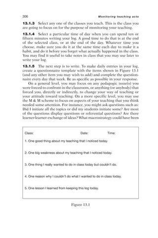13.1.3 Select any one of the classes you teach. This is the class you
are going to focus on for the purpose of monitoring your teaching.
13.1.4 Select a particular time of day when you can spend ten or
fifteen minutes writing your log. A good time to do that is at the end
of the selected class, or at the end of the day. Whatever time you
choose, make sure you do it at the same time each day to make it a
habit, and do it before you forget what actually happened in the class.
You may find it useful to take notes in class that you may use later to
write your log.
13.1.5 The next step is to write. To make daily entries in your log,
create a questionnaire template with the items shown in Figure 13.1
(and any other item you may wish to add) and complete the question-
naire every day that week. Be as specific as possible in your response.
On a general level, you may focus on any pedagogic issue(s) you
were forced to confront in the classroom, or anything (or anybody) that
forced you, directly or indirectly, to change your way of teaching or
your attitude toward teaching. On a more specific level, you may use
the M  M scheme to focus on aspects of your teaching that you think
needed some attention. For instance, you might ask questions such as:
Did I initiate all the topics or did my students initiate some? Are most
of the questions display questions or referential questions? Are there
learner-learner exchange of ideas? What macrostrategy could have been
306 Monitoring teaching acts
Class: Date: Time:
1. One good thing about my teaching that I noticed today.
2. One big weakness about my teaching that I noticed today.
3. One thing I really wanted to do in class today but couldn’t do.
4. One reason why I couldn’t do what I wanted to do in class today.
5. One lesson I learned from keeping this log today.
Figure 13.1
 