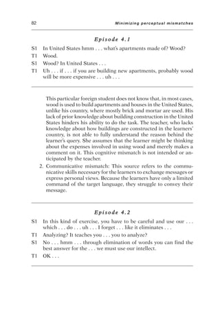E p i s o d e 4 . 1
S1 In United States hmm . . . what’s apartments made of? Wood?
T1 Wood.
S1 Wood? In United States . . .
T1 Uh . . . if . . . if you are building new apartments, probably wood
will be more expensive . . . uh . . .
This particular foreign student does not know that, in most cases,
wood is used to build apartments and houses in the United States,
unlike his country, where mostly brick and mortar are used. His
lack of prior knowledge about building construction in the United
States hinders his ability to do the task. The teacher, who lacks
knowledge about how buildings are constructed in the learners’
country, is not able to fully understand the reason behind the
learner’s query. She assumes that the learner might be thinking
about the expenses involved in using wood and merely makes a
comment on it. This cognitive mismatch is not intended or an-
ticipated by the teacher.
2. Communicative mismatch: This source refers to the commu-
nicative skills necessary for the learners to exchange messages or
express personal views. Because the learners have only a limited
command of the target language, they struggle to convey their
message.
E p i s o d e 4 . 2
S1 In this kind of exercise, you have to be careful and use our . . .
which . . . do . . . uh . . . I forget . . . like it eliminates . . .
T1 Analyzing? It teaches you . . . you to analyze?
S1 No . . . hmm . . . through elimination of words you can find the
best answer for the . . . we must use our intellect.
T1 OK . . .
82 Minimizing perceptual mismatches
 