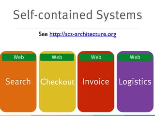Self-contained Systems
Search Invoice LogisticsCheckout
Web Web Web Web
See http://scs-architecture.org
 