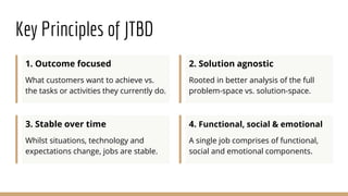 Key Principles of JTBD
1. Outcome focused
What customers want to achieve vs.
the tasks or activities they currently do.
2....