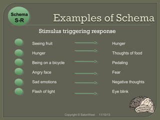 Schema

S-R

Stimulus triggering response
Seeing fruit

Hunger

Hunger

Thoughts of food

Being on a bicycle

Pedaling

Angry face

Fear

Sad emotions

Negative thoughts

Flash of light

Eye blink

Copyright © SatoriWest

11/10/13

 