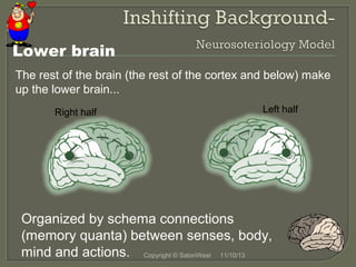 Lower brain
The rest of the brain (the rest of the cortex and below) make
up the lower brain...
Right half

Left half

Organized by schema connections
(memory quanta) between senses, body,
mind and actions. Copyright © SatoriWest 11/10/13

 