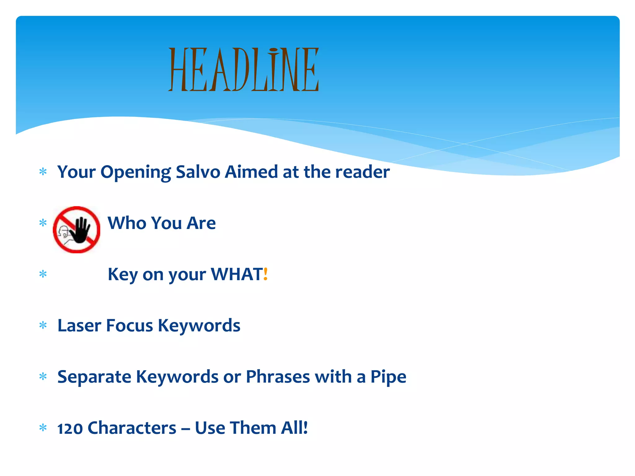  Your Opening Salvo Aimed at the reader
 Who You Are
 Key on your WHAT!
 Laser Focus Keywords
 Separate Keywords or Phrases with a Pipe
 120 Characters – Use Them All!
HEADLINE
 