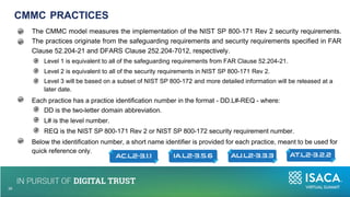 The CMMC model measures the implementation of the NIST SP 800-171 Rev 2 security requirements.
The practices originate from the safeguarding requirements and security requirements specified in FAR
Clause 52.204-21 and DFARS Clause 252.204-7012, respectively.
Level 1 is equivalent to all of the safeguarding requirements from FAR Clause 52.204-21.
Level 2 is equivalent to all of the security requirements in NIST SP 800-171 Rev 2.
Level 3 will be based on a subset of NIST SP 800-172 and more detailed information will be released at a
later date.
Each practice has a practice identification number in the format - DD.L#-REQ - where:
DD is the two-letter domain abbreviation.
L# is the level number.
REQ is the NIST SP 800-171 Rev 2 or NIST SP 800-172 security requirement number.
Below the identification number, a short name identifier is provided for each practice, meant to be used for
quick reference only.
CMMC PRACTICES
10
29
 