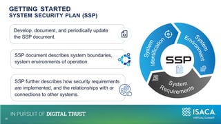 Develop, document, and periodically update
the SSP document.
SSP document describes system boundaries,
system environments of operation.
SSP further describes how security requirements
are implemented, and the relationships with or
connections to other systems.
GETTING STARTED
SYSTEM SECURITY PLAN (SSP)
10
32
 