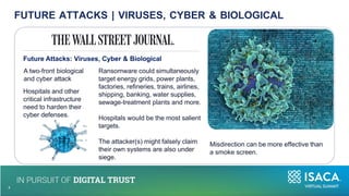 Future Attacks: Viruses, Cyber & Biological
Ransomware could simultaneously
target energy grids, power plants,
factories, refineries, trains, airlines,
shipping, banking, water supplies,
sewage-treatment plants and more.
Hospitals would be the most salient
targets.
The attacker(s) might falsely claim
their own systems are also under
siege.
A two-front biological
and cyber attack
Hospitals and other
critical infrastructure
need to harden their
cyber defenses.
FUTURE ATTACKS | VIRUSES, CYBER & BIOLOGICAL
4
4
Misdirection can be more effective than
a smoke screen.
 
