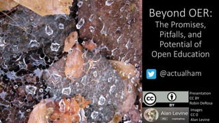 Beyond OER:
The Promises,
Pitfalls, and
Potential of
Open Education
@actualham
Presentation
CC BY
Robin DeRosa
Images
CC 0
Alan Levine
 