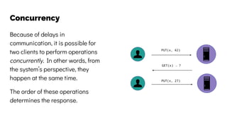 Concurrency
Because of delays in
communication, it is possible for
two clients to perform operations
concurrently. In other words, from
the system’s perspective, they
happen at the same time.
The order of these operations
determines the response.
PUT(x, 42)
PUT(x, 27)
GET(x) → ?
 