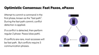 Optimistic Consensus: Fast Paxos, ePaxos
Attempt to commit a command in the
ﬁrst phase, known as the “fast path”.
During the fast path commit, conﬂict
detection is applied.
If a conﬂict is detected, then perform
regular 2 phase Paxos (slow path).
If conﬂicts are rare, most accesses will
be fast path. But conﬂicts require 3
communication phases.
 