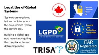 Legalities of Global
Systems
Systems are regulated
in the countries where
the data resides (where
the servers are).
Building a global app
now means navigating
the complex waters of
data compliance.
 