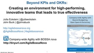 @AgileBossaNova | agilebossanova.org1@JuttaEckstein | @johnabuck
Jutta Eckstein | @juttaeckstein
John Buck | @johnabuck
http://agilebossanova.org
@AgileBossaNova | #agilebossanova
Beyond KPIs and OKRs:
Creating an environment for high-performing,
innovative teams that leads to true effectiveness
Company-wide Agility with BOSSA nova
http://tinyurl.com/AgileBossaNova
 