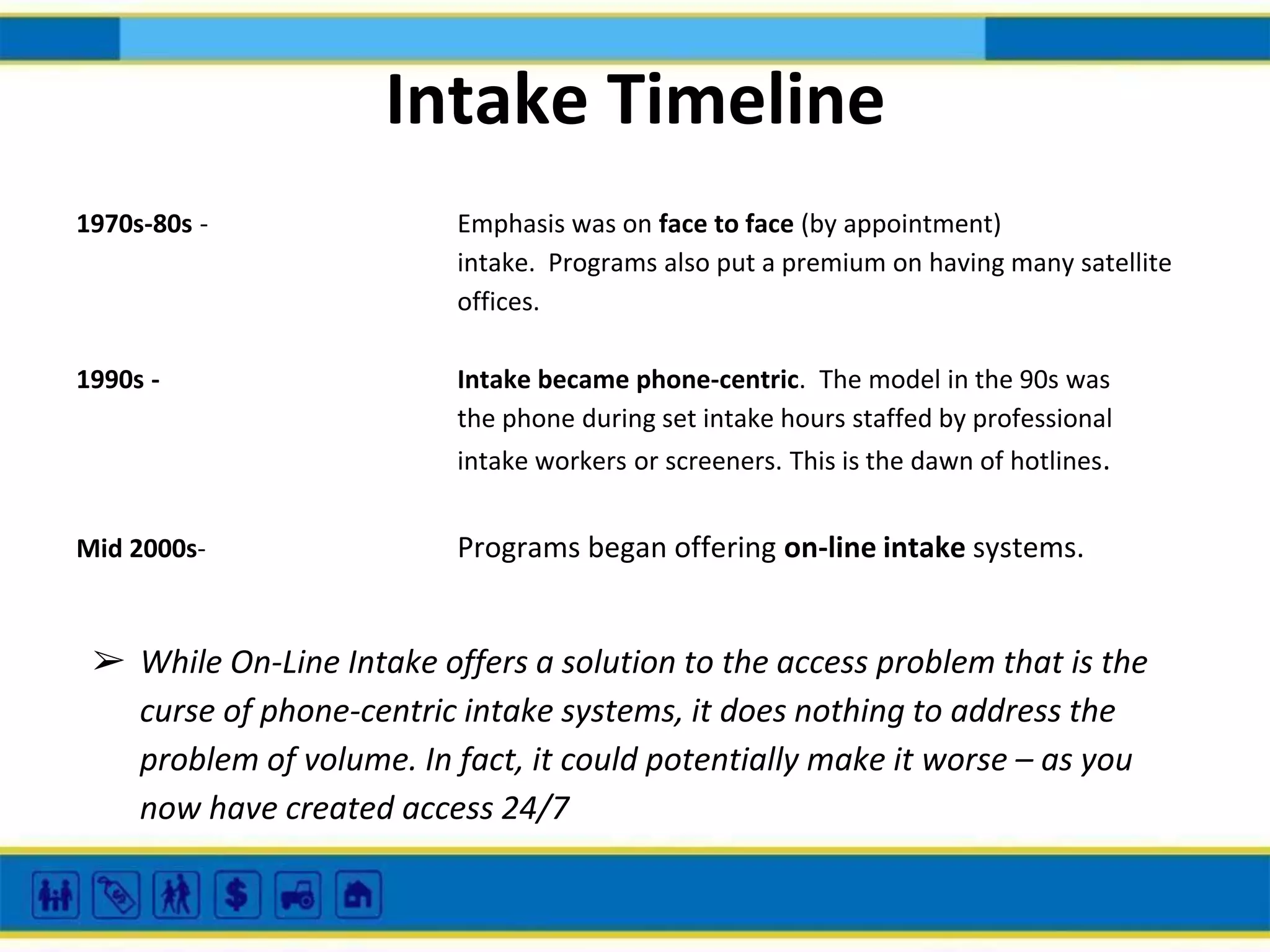 Intake Timeline
1970s-80s -

Emphasis was on face to face (by appointment)
intake. Programs also put a premium on having many satellite
offices.

1990s -

Intake became phone-centric. The model in the 90s was
the phone during set intake hours staffed by professional
intake workers or screeners. This is the dawn of hotlines.

Mid 2000s-

Programs began offering on-line intake systems.

➢ While On-Line Intake offers a solution to the access problem that is the
curse of phone-centric intake systems, it does nothing to address the
problem of volume. In fact, it could potentially make it worse – as you
now have created access 24/7

 