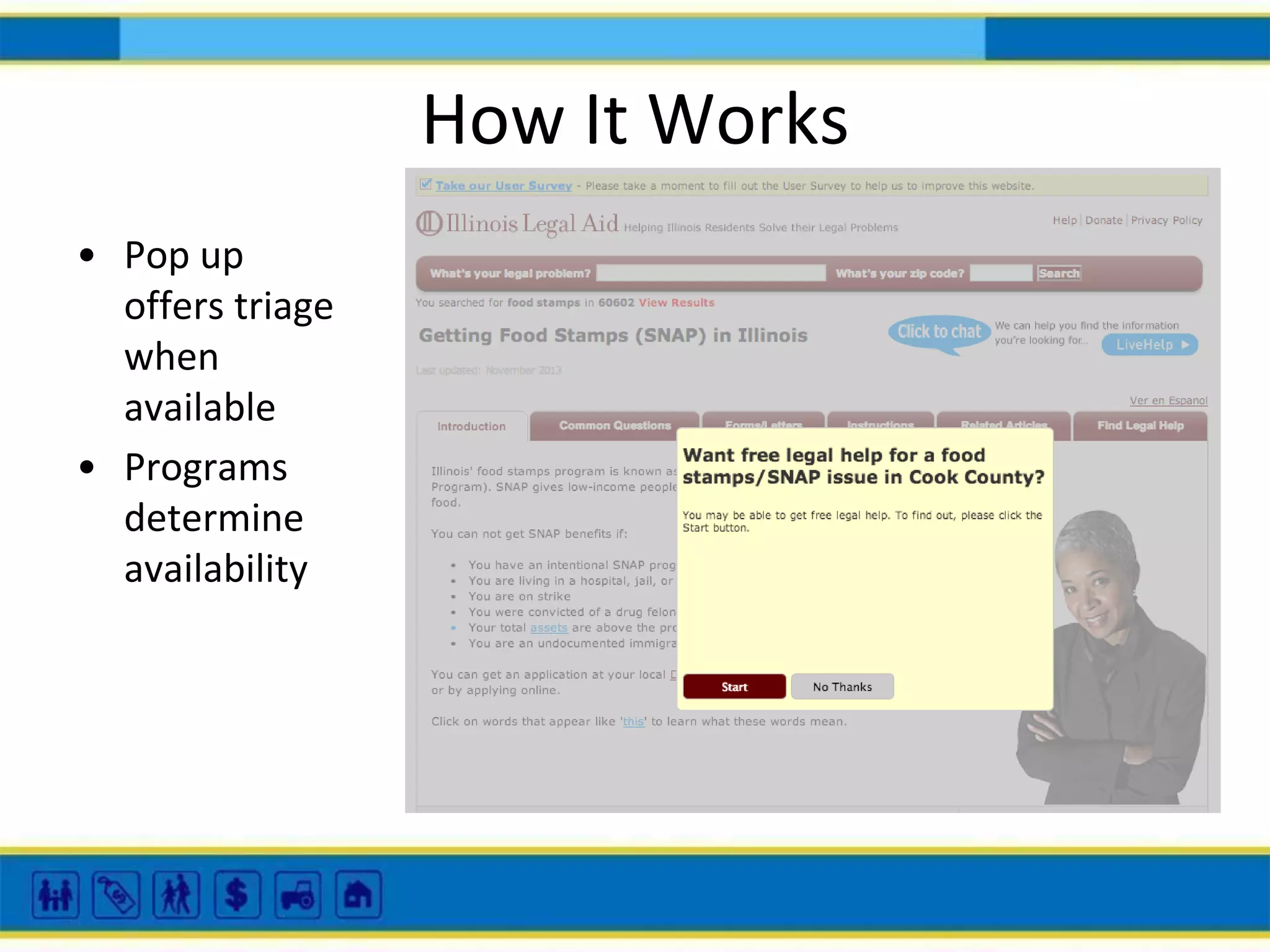 How It Works
• Pop up
offers triage
when
available
• Programs
determine
availability

 