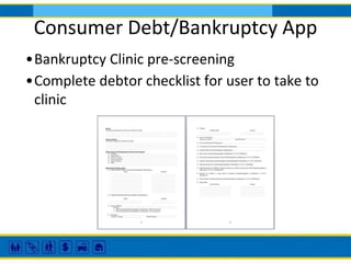 Consumer Debt/Bankruptcy App
•Bankruptcy Clinic pre-screening
•Complete debtor checklist for user to take to
clinic

 