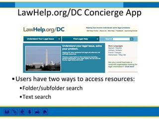 LawHelp.org/DC Concierge App

•Users have two ways to access resources:
•Folder/subfolder search
•Text search

 