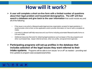 How will it work?
➢ A user will complete a short on-line form with a limited number of questions
about their legal problem and household demographics. The LRF will then
search a database and give back to the user information that could include any and
all of the following:
○

If the issue is one which a Massachusetts legal services organization accepts for legal assistance, it
would provide a link to their on-line application and/or provide information on how to call to complete an
intake.

○

Live links to relevant self-help resources and court forms including automated Massachusetts forms on
LHI and I-CAN.

○

Additional resources that exist for obtaining legal assistance such as lawyer of the day programs and
other court-based help, lawyer referral services, other non profits, and government agencies.

➢ Participating programs will set-up profiles in the database that
includes selection of the legal issues they want referred to their
intake systems. Programs will be able to turn issues “on or off” as needed – providing real
time updates to program case acceptance/priorities

 