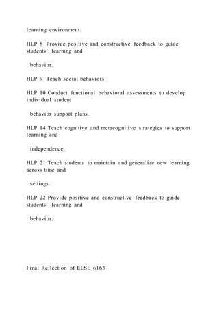 learning environment.
HLP 8 Provide positive and constructive feedback to guide
students’ learning and
behavior.
HLP 9 Teach social behaviors.
HLP 10 Conduct functional behavioral assessments to develop
individual student
behavior support plans.
HLP 14 Teach cognitive and metacognitive strategies to support
learning and
independence.
HLP 21 Teach students to maintain and generalize new learning
across time and
settings.
HLP 22 Provide positive and constructive feedback to guide
students’ learning and
behavior.
Final Reflection of ELSE 6163
 