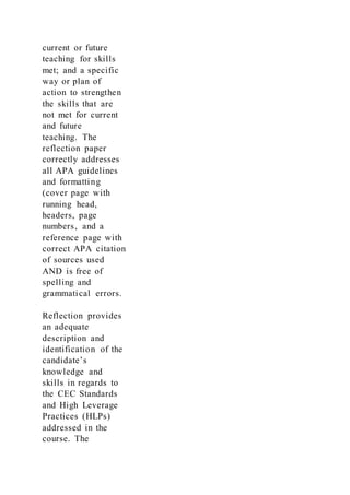 current or future
teaching for skills
met; and a specific
way or plan of
action to strengthen
the skills that are
not met for current
and future
teaching. The
reflection paper
correctly addresses
all APA guidelines
and formatting
(cover page with
running head,
headers, page
numbers, and a
reference page with
correct APA citation
of sources used
AND is free of
spelling and
grammatical errors.
Reflection provides
an adequate
description and
identification of the
candidate’s
knowledge and
skills in regards to
the CEC Standards
and High Leverage
Practices (HLPs)
addressed in the
course. The
 