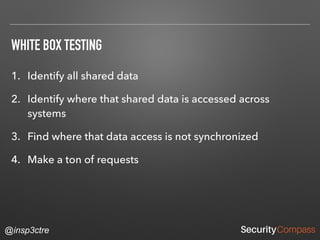 @insp3ctre
WHITE BOX TESTING
1. Identify all shared data
2. Identify where that shared data is accessed across
systems
3. Find where that data access is not synchronized
4. Make a ton of requests
 