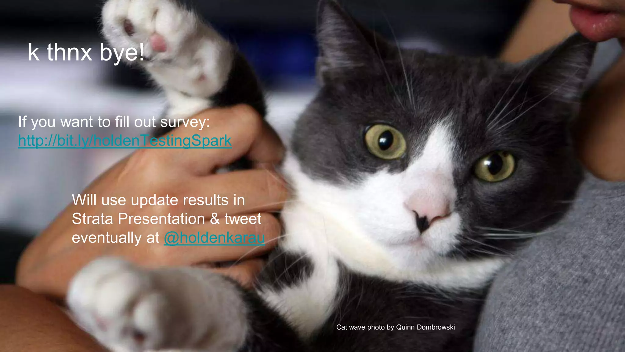 Cat wave photo by Quinn Dombrowski
k thnx bye!
If you want to fill out survey:
http://bit.ly/holdenTestingSpark
Will use update results in
Strata Presentation & tweet
eventually at @holdenkarau
 