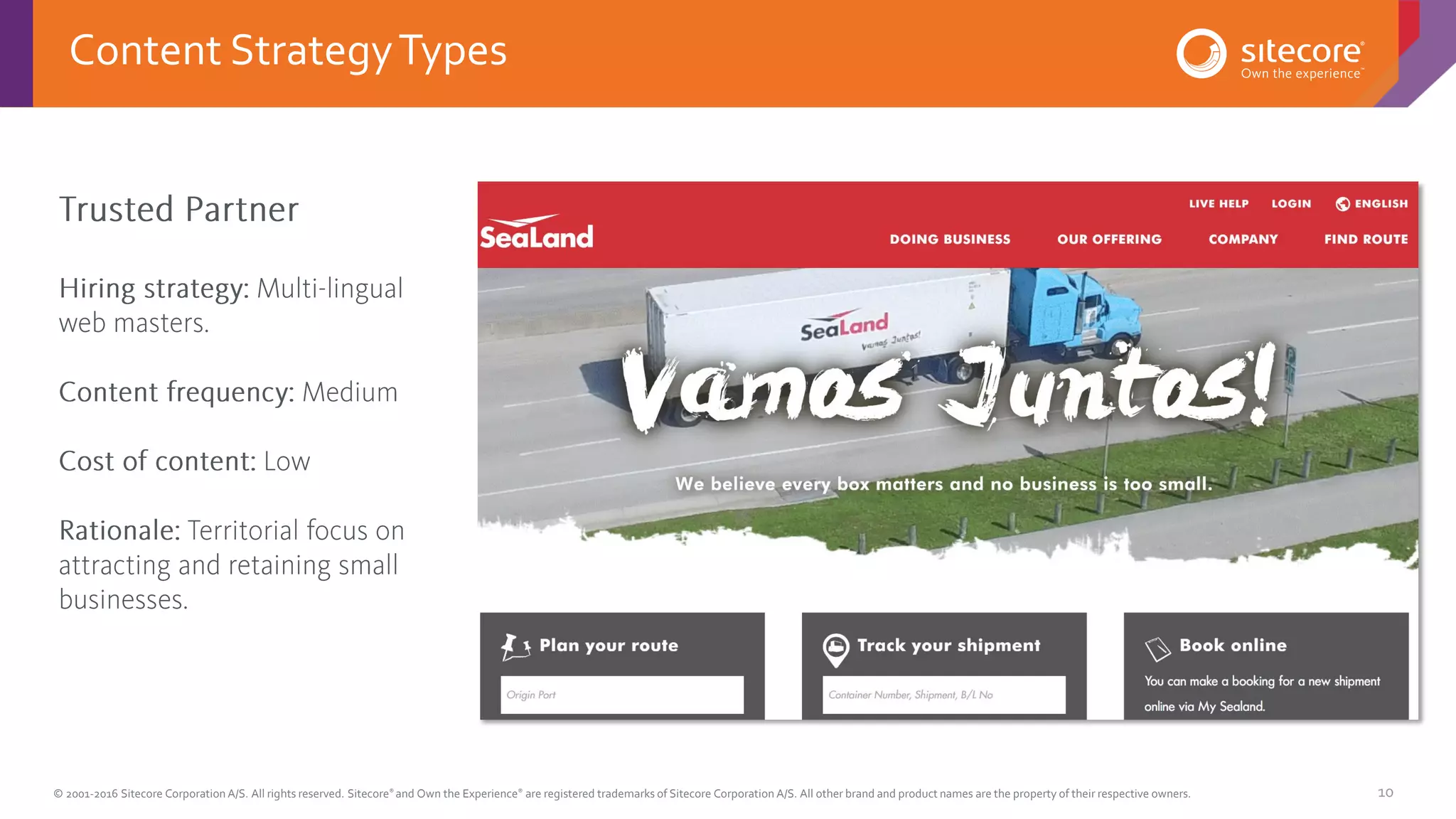 © 2001-2016 Sitecore Corporation A/S. All rights reserved. Sitecore® and Own the Experience® are registered trademarks of Sitecore Corporation A/S. All other brand and product names are the property of their respective owners. 10
Content StrategyTypes
 