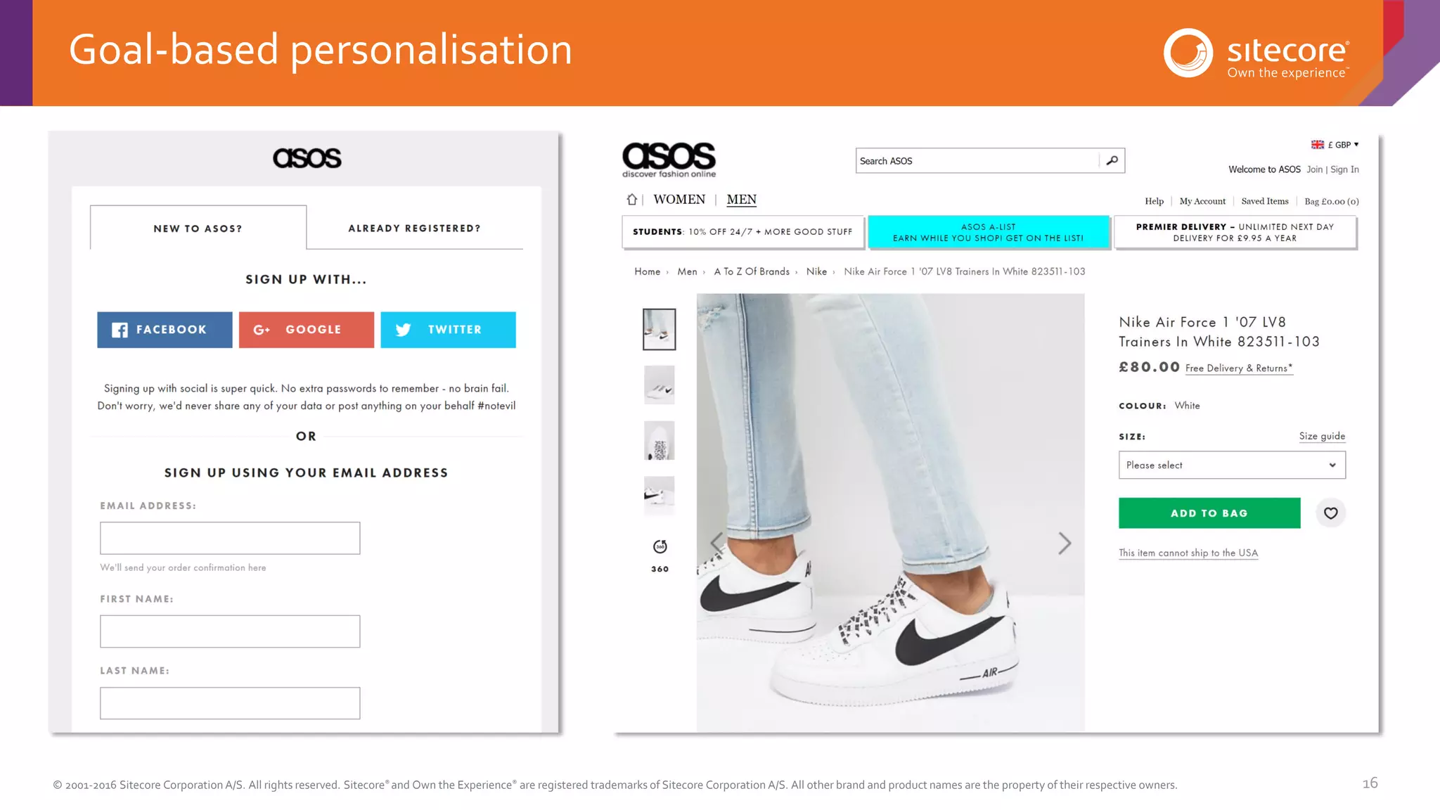 © 2001-2016 Sitecore Corporation A/S. All rights reserved. Sitecore® and Own the Experience® are registered trademarks of Sitecore Corporation A/S. All other brand and product names are the property of their respective owners. 16
Goal-based personalisation
 